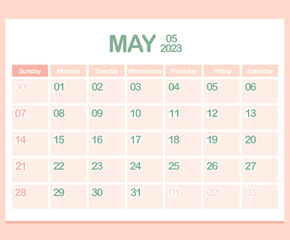 Calendar for year 2023. May. Office Corporate planner template in pastel colors. Wall or Desktop calendar page. Minimalism. Week starts on Sunday. Vector illustration