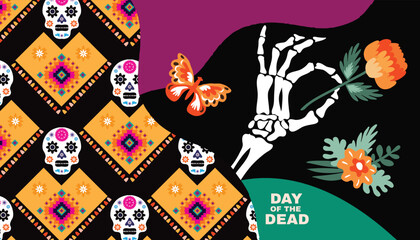 Dia de Los Muertos, Day of the Dead or Halloween greeting card,  banner, background. Sugar skulls, candle, maracas, guitar, sombrero,  marigold flowers, Сalavera la Catrina tradition skeleton decorati