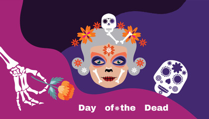 Dia de Los Muertos, Day of the Dead or Halloween greeting card,  banner, background. Sugar skulls, candle, maracas, guitar, sombrero,  marigold flowers, Сalavera la Catrina tradition skeleton decorati