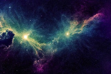 Space background with shining stars, stardust and nebula. Realistic cosmos. Colorful galaxy with milky way and planet. 2d illustration.