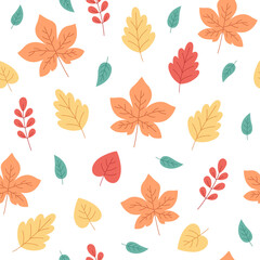 Autumn leaves seamless pattern. Autumn folliage, autumn time. Design for fabric, textile, wrapping paper. Hand drawn vector illustration