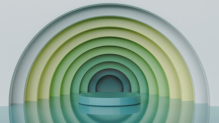 Obraz premium Rainbow podium with reflections, colorful tunnel product display, 3d render