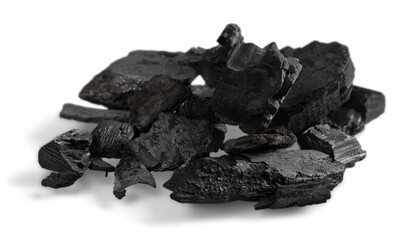 Pile black coal isolated on  background - obrazy, fototapety, plakaty