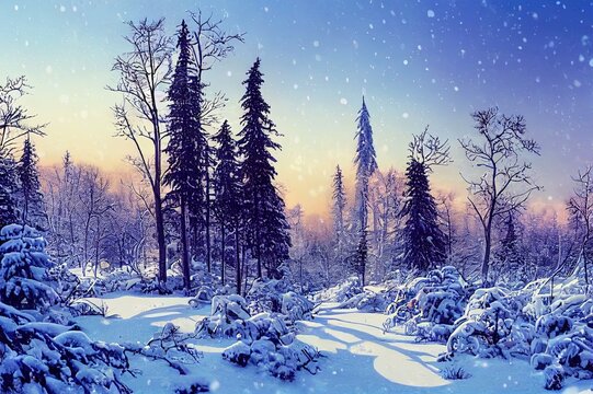In the winter snow forest. Snowy winter forest landscape. Winter snow scene. Snow covered winter forest landscape