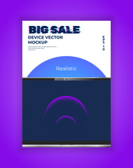 Naklejka premium Sale poster device vector mockup. Realistic laptop on white background. Presentation digital cover. Modern color and style. Eps 10