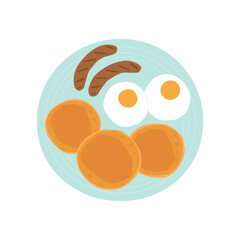 Vector illustration of a delicious breakfast consisting of pancakes, scrambled eggs and fried sausages. Top view. Isolated design on a white background.