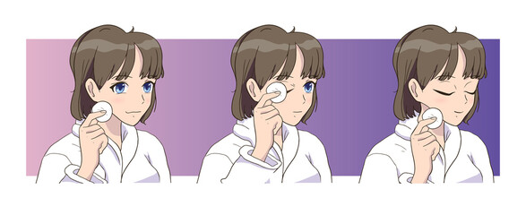 Anime Girl Cleansing your face. Skin care morning routine