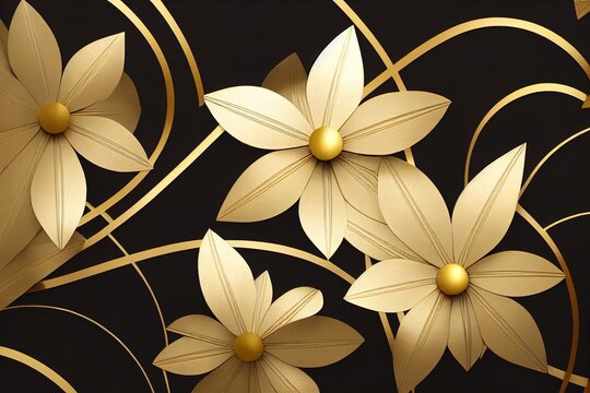 3d Render, Abstract Art Deco Background With Black And Gold Paper Flowers And Leaves, Floral Botanical Wallpaper