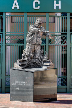 CHICAGO, IL, USA - MARCH 25, 2019: A Statue Of The Legendary Sports Broadcaster, Harry Caray, Sits Outside Of The Chicago Cubs' Wrigley Field To Celebrate The Legacy That He Added To The Sports World.