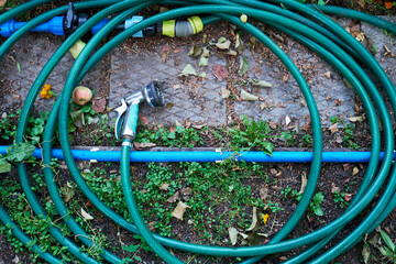Watering hose with nozzle for watering plants and beds in the garden. Garden hose on the ground, watering system.