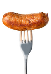 Freshly cooked sausage on a fork