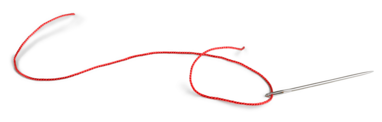 Red thread and needle isolated on white background