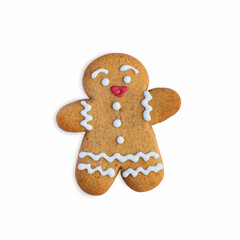 The gingerbread man, decorated with colored glaze, is isolated on a white background. Christmas ginger cookies. Top view.