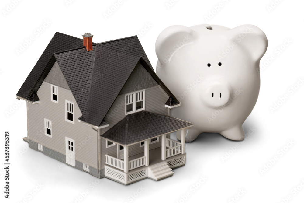 Poster small house and piggy bank on background