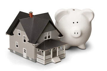 Small House and Piggy bank on background