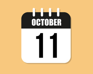 11 day october icon. Black and white october month calendar vector on orange background.