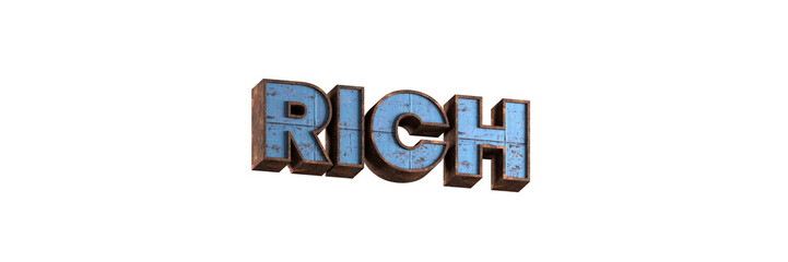 rich word 3d aged rusted iron character blue painted metal steel isolated on white background