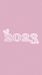 Figures or numbers for the upcoming new year 2023. They are made in the texture of a fluffy white rabbit on a pink background. 3D rendering