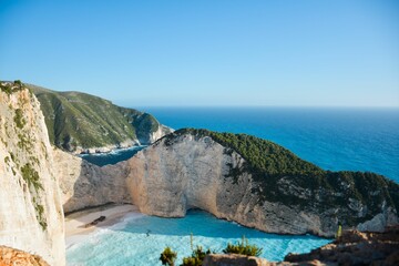 Aerial view of Navagio on Zakynthos coast in the Ionian Islands of Greece