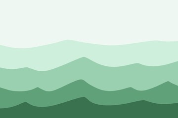 Illustration of soothing deep misty mountain range faded grassland empty sky design ombre green light to dark hues background © TheColorDana