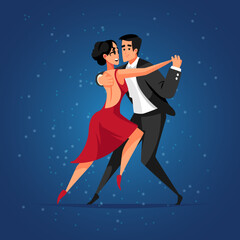 Vector colorful illustration couple dancing argentine tango on blue background