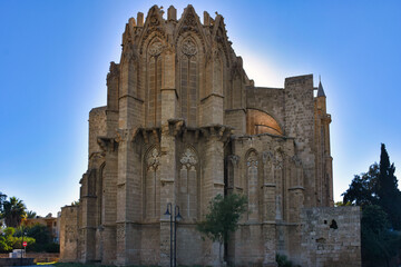 Fototapeta na wymiar Originally Latin St. Nikolas Cathedral and later known as Famagusta Hagia Sophia Mosque, Lala Mustafa Pasha Mosque is the largest medieval building in Famagusta. Famagusta Cyprus 10.13.2022 