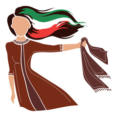 Woman activist with hijab in hand and flowing hair with Iran flag vector modern illustration isolated on white background.Poster against wearing the hijab. Women's Protest in Iran.