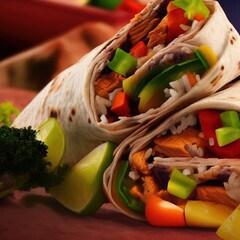 stir fried vegetables with chicken Illustration of Burritos wraps with Chicken and vegetables