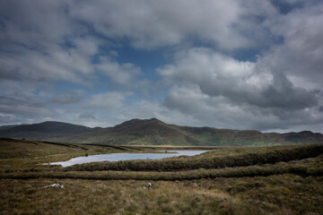 Wide landscape around Lough Gar, county Mayo, Ireland.Traces of turf cutting are visible on the shores of the lake.