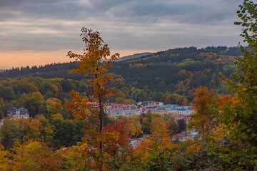 Marianske Lazne spa town with color sunset in autumn fresh evening