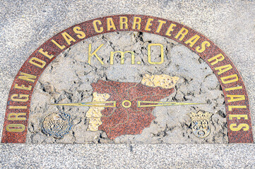 Floor marking kilometer zero of radial roads in Puerta del Sol, Madrid, Spain