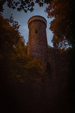 Hamelika stone lookout tower in autumn sunny color evening