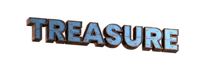treasure word 3d aged rusted iron character blue painted metal steel isolated on white background