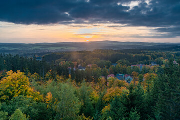 Marianske Lazne spa town with color sunset in autumn fresh evening