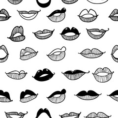 Vector Monochrome seamless pattern with contour sketch sexy lips on white background. Illustration of beauty sexy lips pattern, sketch female fashion
