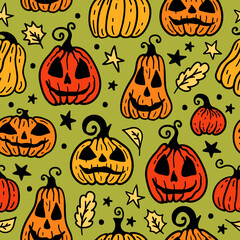 Seamless pattern of cute cartoon orange Halloween pumpkin on green background. Halloween background of magic elements.