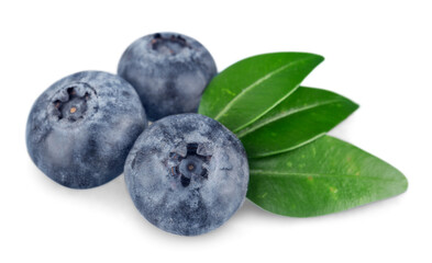 Fresh ripe blueberries with leaves isolated on white background