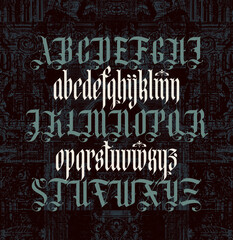 Gothic font. Full set of capital letters and small of the English alphabet in vintage style. Medieval Latin letters. Vector calligraphy and lettering.