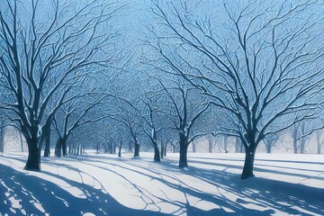 Obraz premium Trees covered with snow and frost in winter. Snow covered trees in winter landscape. Winter snow scene. Snowy winter landscape