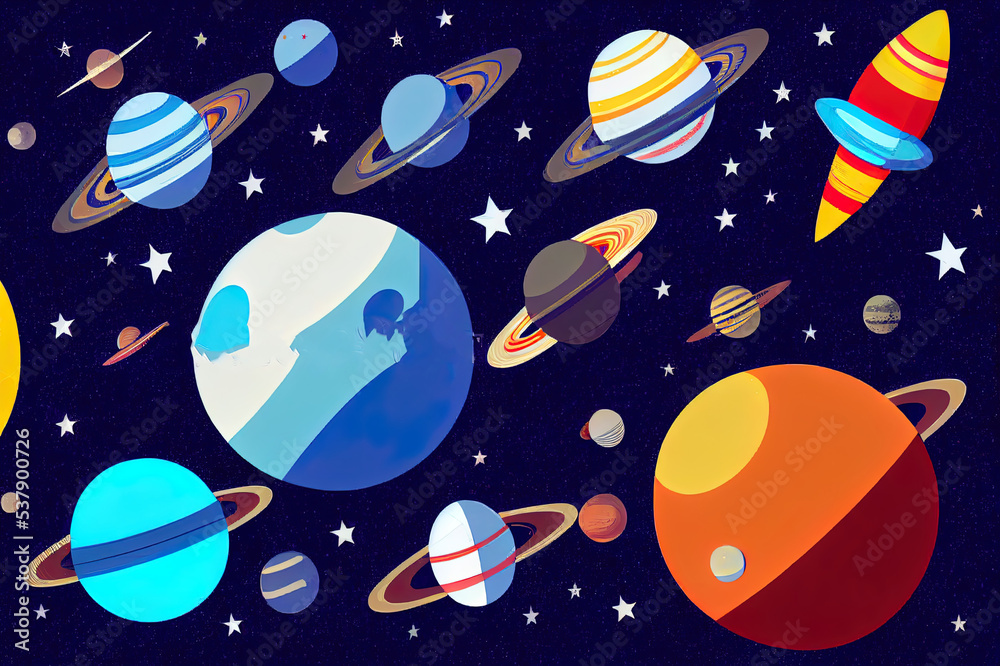 Poster Space Background. Planets of the solar system. Rockets and astronauts. 2d illustration