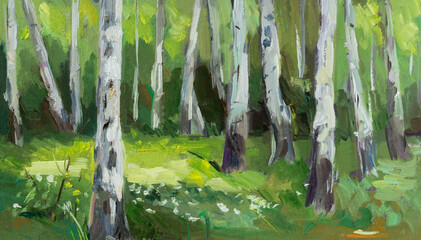 Obraz premium Birch forest oil painting. Green spring landscape. Beautiful illustration of the forest with oil paints. Author's work. Modern realistic art. Horizontal banner, colorful postcard sketch. Summer time