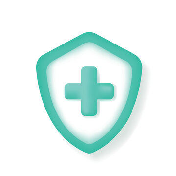 3d Shield icon with green medical cross or plus sign. Health care, First aid, emergency help, Protection, safety concept. Vector illustration isolated on white background.