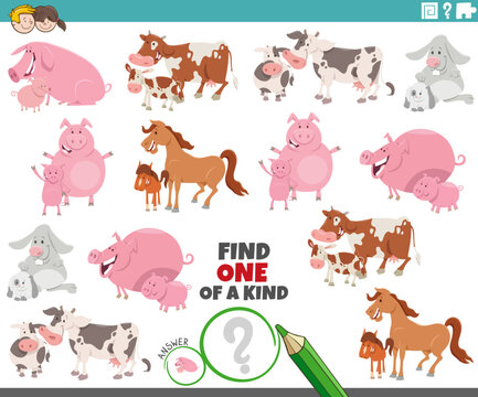 one of a kind task with cartoon farm animals and their babies