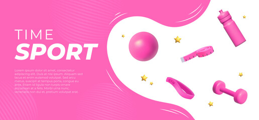 Banner template with pink Sports 3d elements, a bottle of water, a kettlebell, an elastic band for sports.
