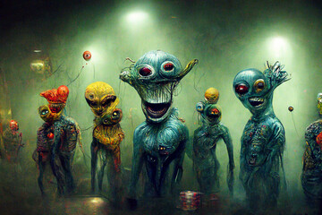 Ugly junkie monsters having fun and drinking. Punk aliens in the casino and bar