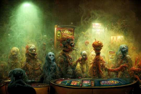 Ugly junkie monsters having fun and drinking. Punk aliens in the casino and bar