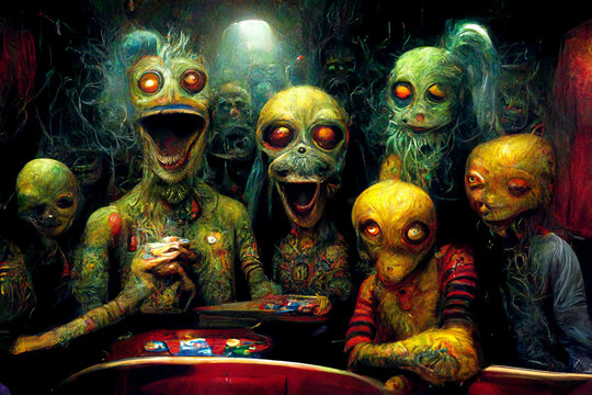 Ugly junkie monsters having fun and drinking. Punk aliens in the casino and bar
