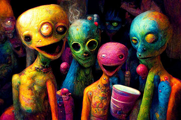 Funny-looking colorful monsters having fun. Junkie aliens partying together, dancing, tripping, smiling 