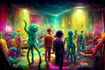 Fototapeta na wymiar Funny-looking colorful monsters having fun. Junkie aliens partying together, dancing, tripping, smiling 