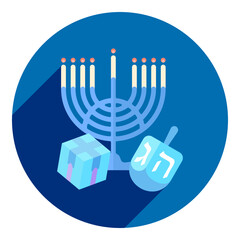 menorah dreidel and gift box. icon in flat style of gift box, dreidel and menorah. flat blue with long shadow logo. icon for the holiday Hanukkah. web browser icon.